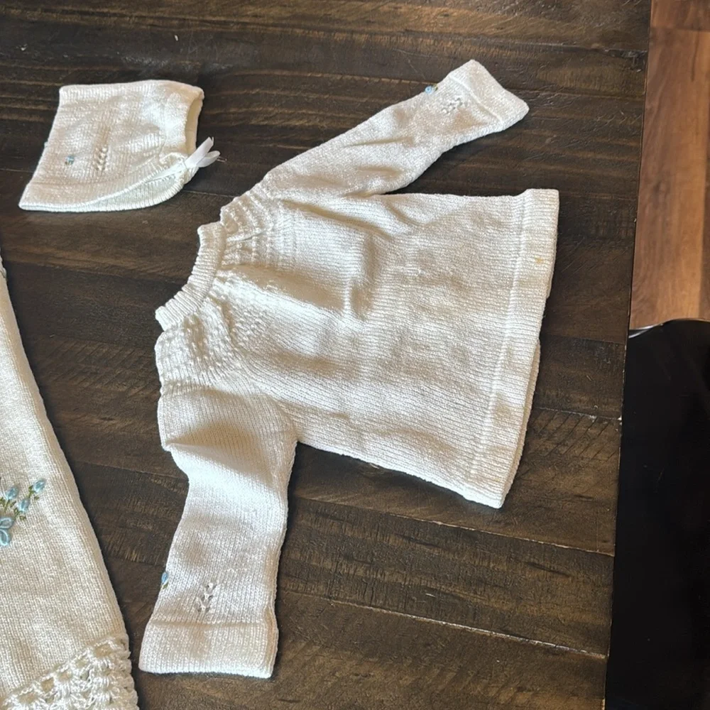 Handcrafted Vintage Baby Set - white Creamy color and knitted floral accent Blue